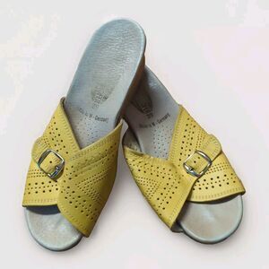 Worishofer Sandals Womens 39 Yellow Leather Cork Wedge Slide Buckle Eyelet
